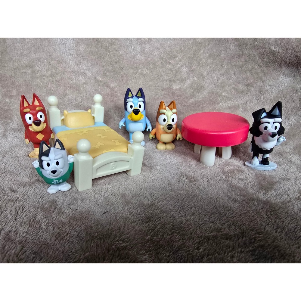 Bluey Figure Lot with Bingo Rusty Muffin Mackenzie Bed and Table Accessories